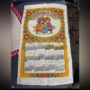1982 Vintage Linen Hanging Tea Towel - “Happiness is Love” 26.5” x 14.5”